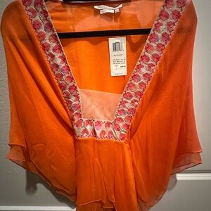 BCBGMAXAZRIA Size L 100% Silk Chiffon Embroidered Boho Top NWT